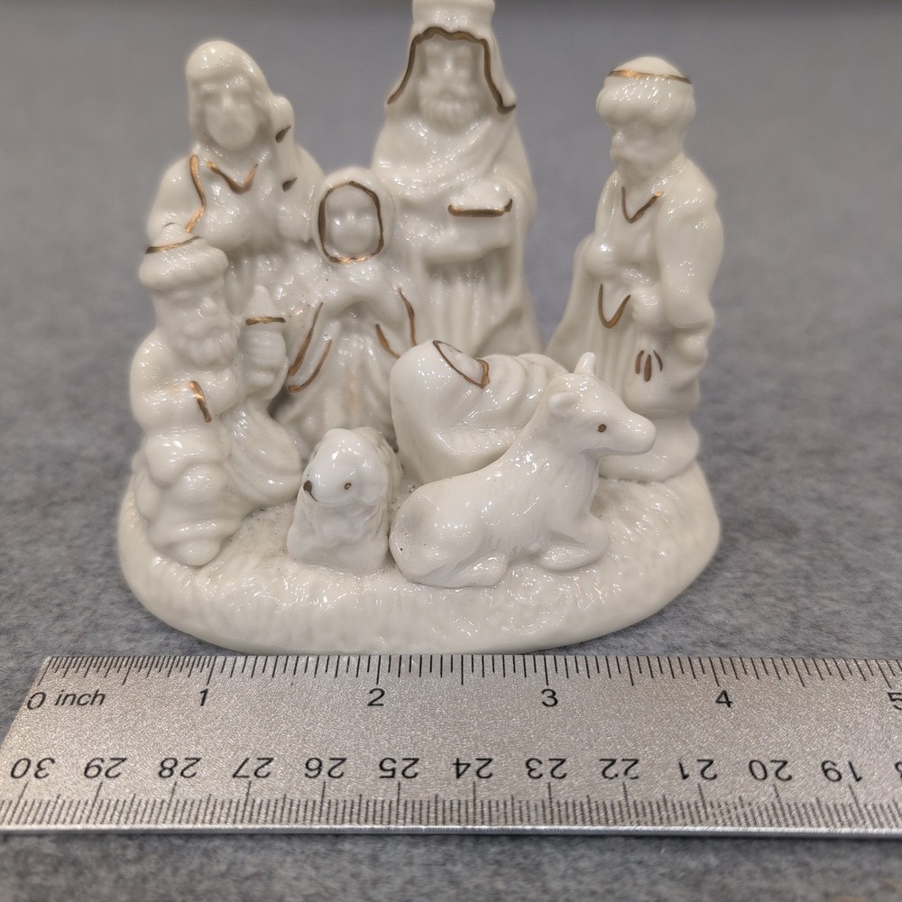 White Ceramic Nativity Scene with Gold Trim Small Christmas Figurines Set‎ - Picture 2 of 5